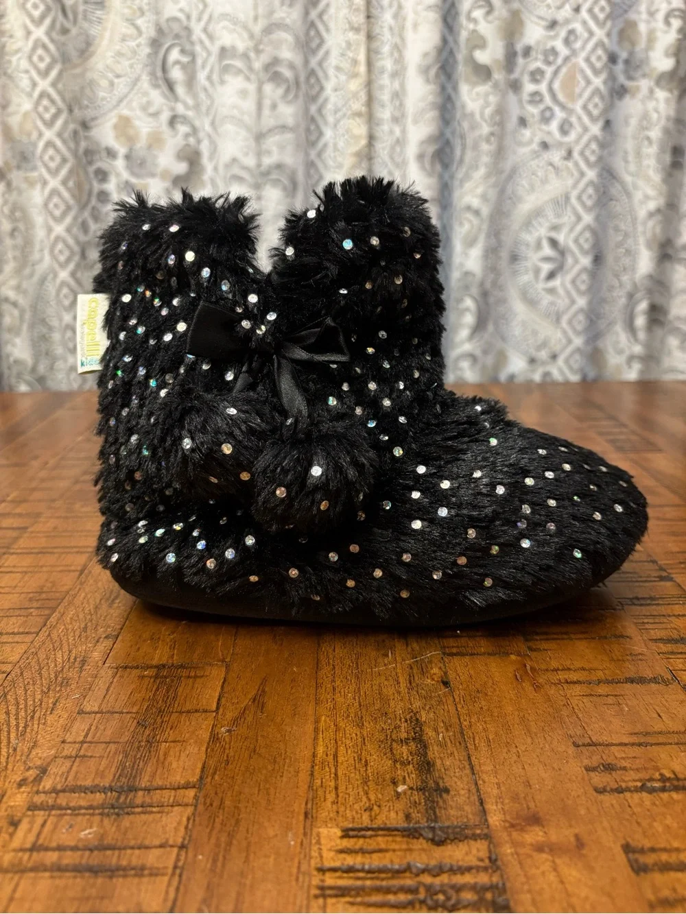 Capelli of New York Black Faux-Fur Sequin Ankle Boot Slippers with Bow Accent